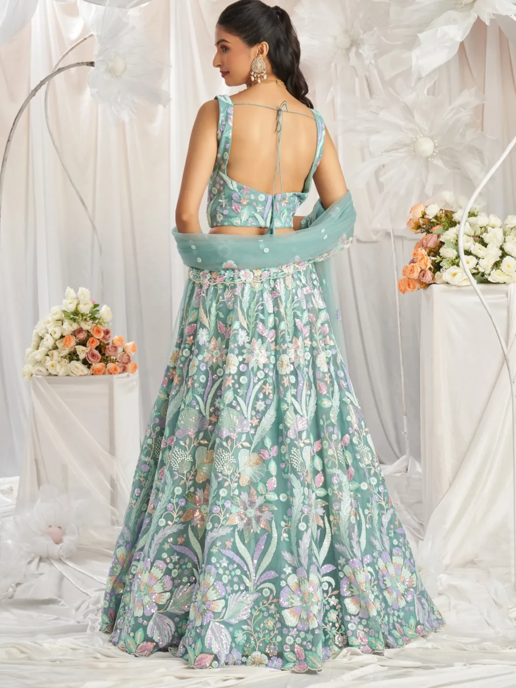 Lime Green Luxe Designer SemiStitched Lehenga Choli - Image 3