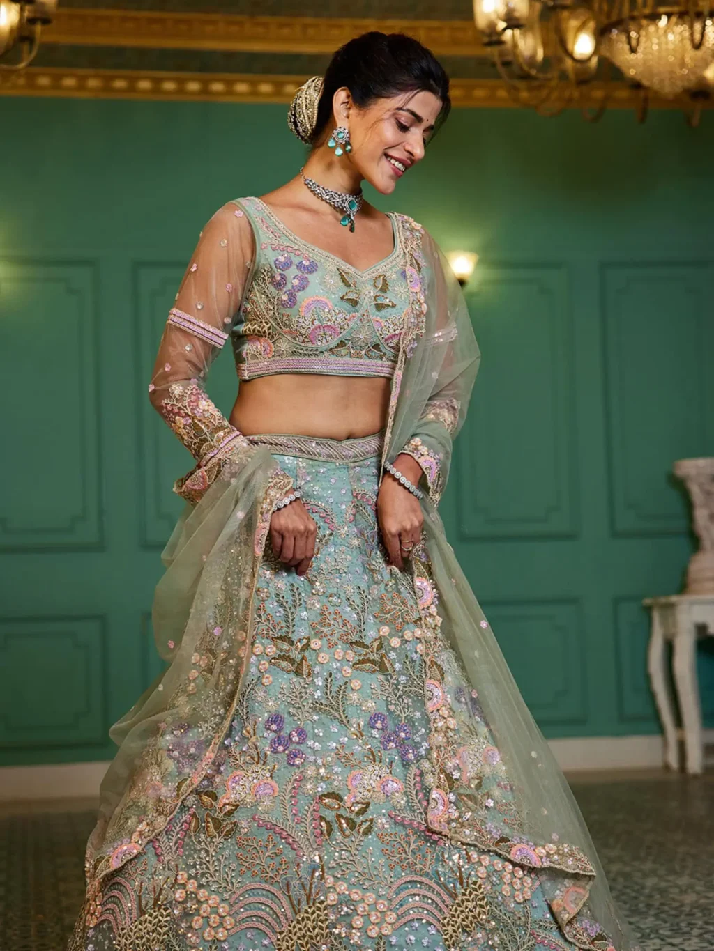 Lime Green Luxe Designer SemiStitched Lehenga Choli - Image 3