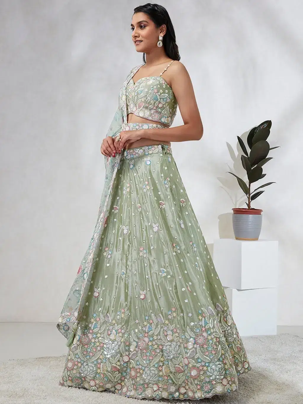 Lime Green Chiffon Luxe Designer SemiStitched Lehenga Choli - Image 4