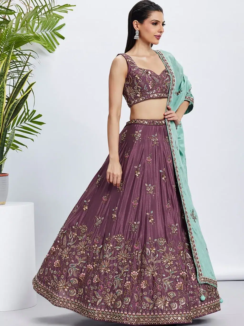 Rose Gold Pure Chiffon Luxe Designer SemiStitched Lehenga Choli - Image 4