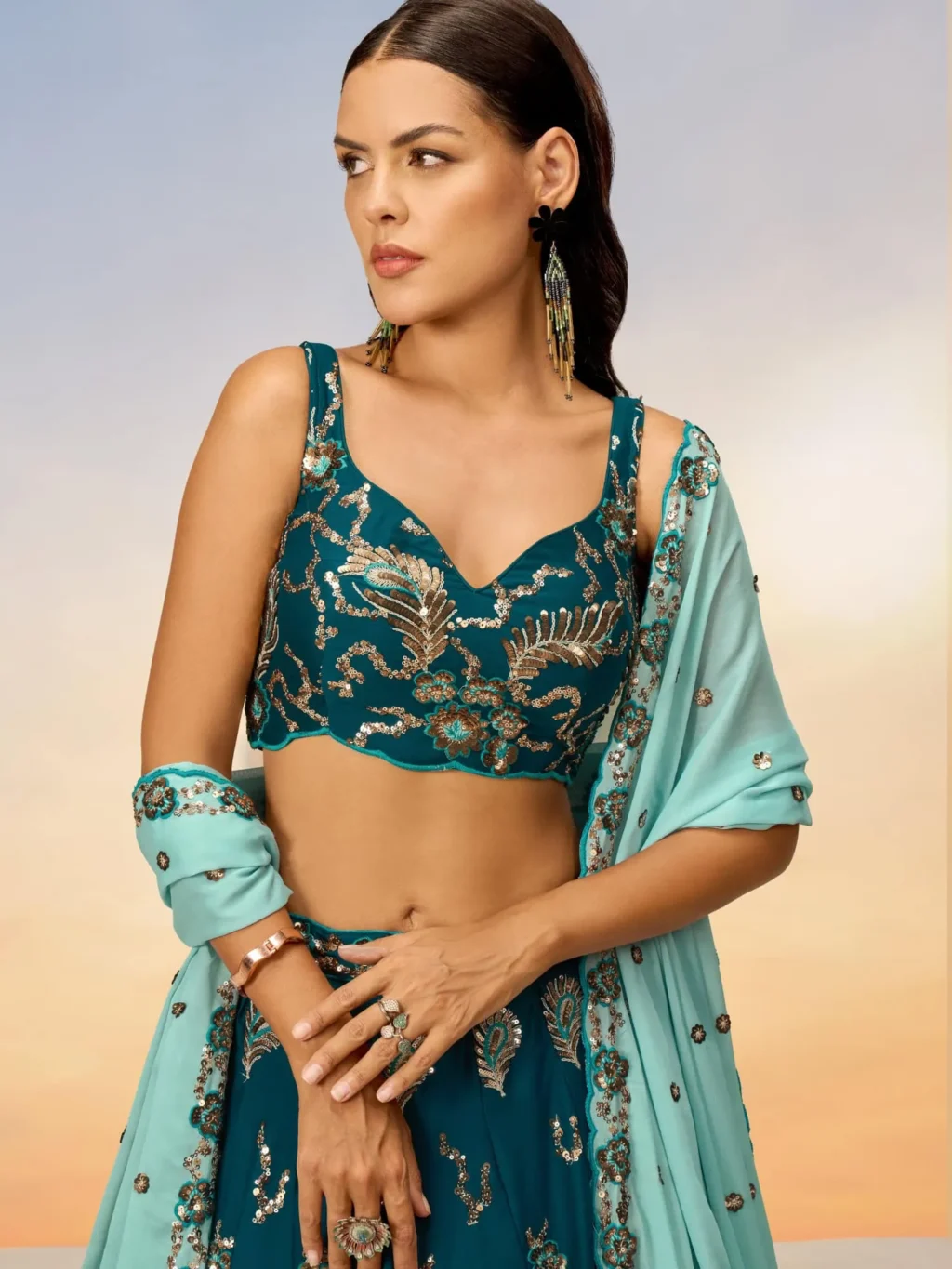 Teal Pure Luxe Designer SemiStitched Lehenga Choli - Image 4