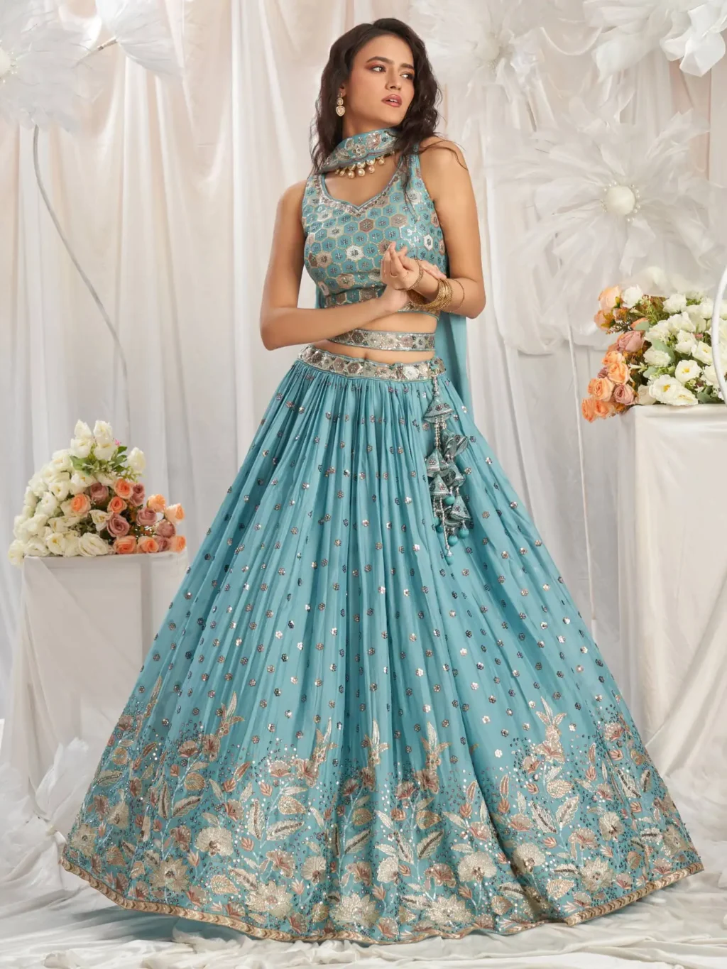Turquoise Blue Luxe Designer SemiStitched Lehenga Choli - Image 4