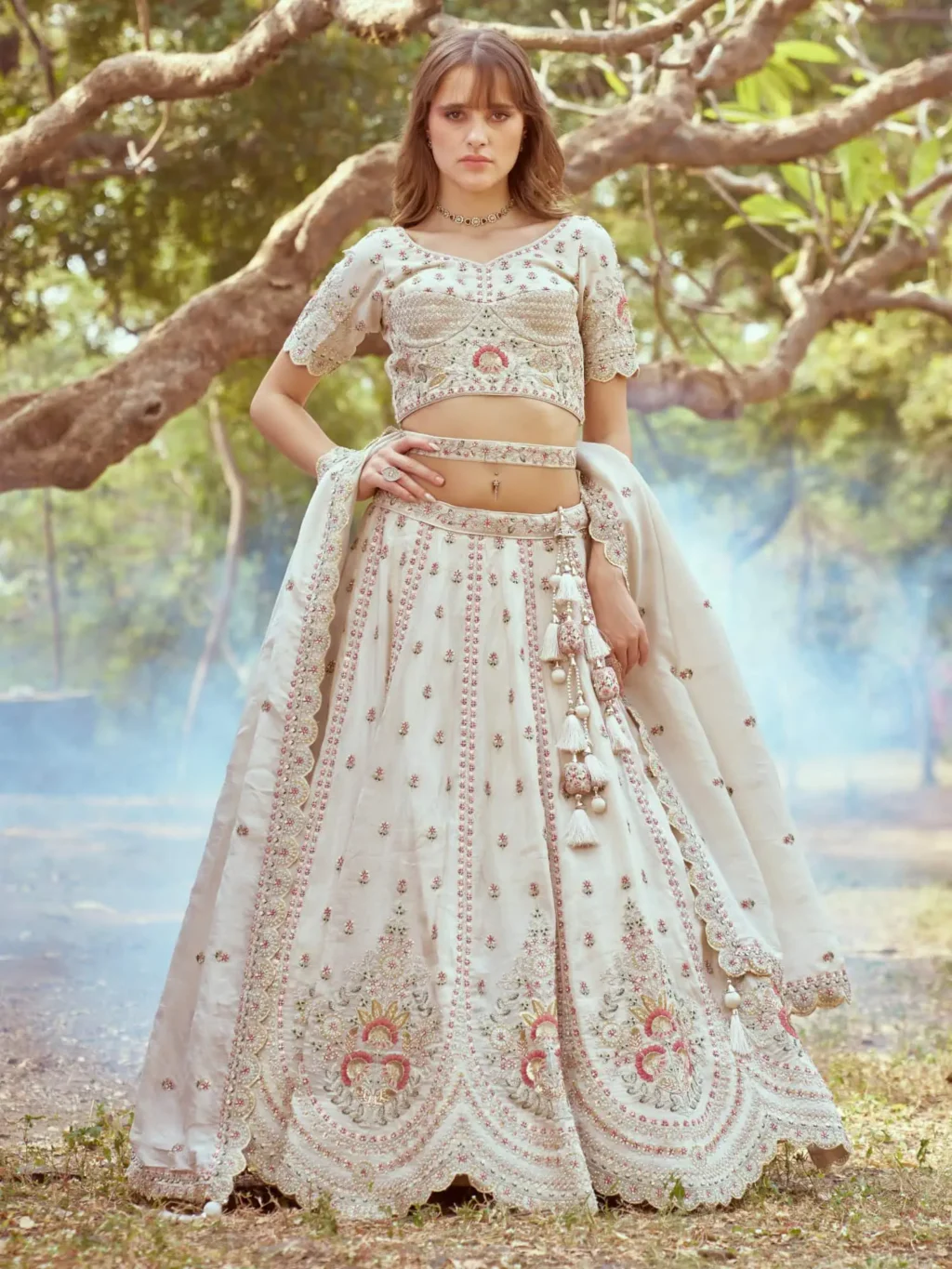 Cream Gold Crushed Luxe Designer SemiStitched Lehenga Choli - Image 4