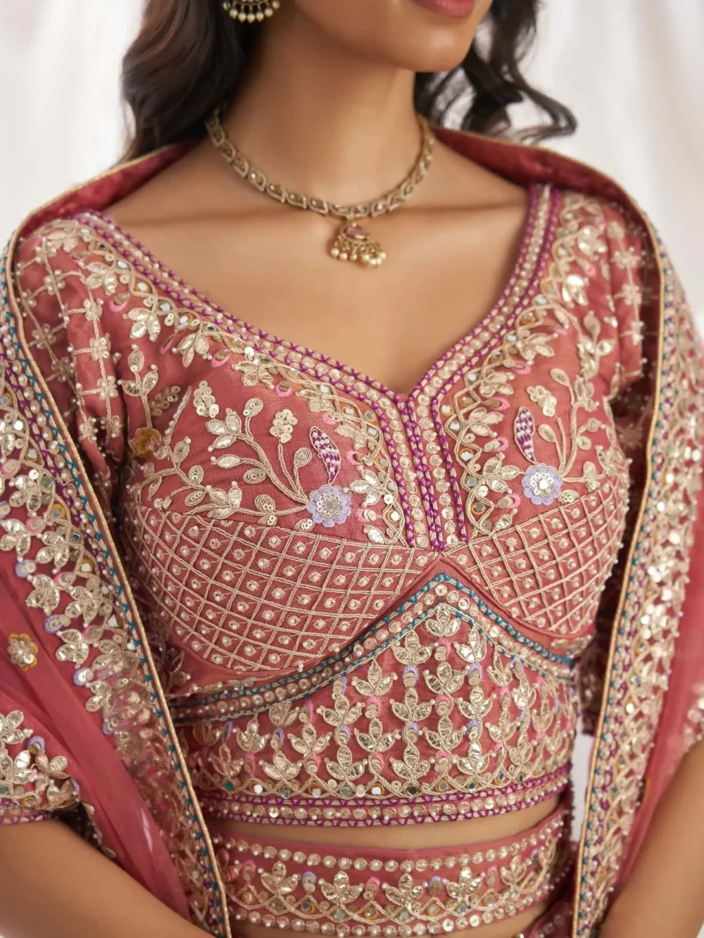Rose Gold Bridel Luxe Designer SemiStitched Lehenga Choli - Image 4