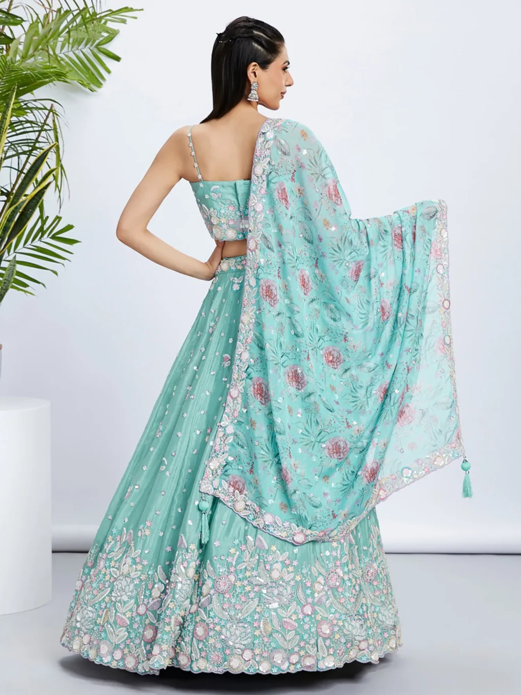 Sea Green Chiffon Luxe Designer SemiStitched Lehenga Choli - Image 4