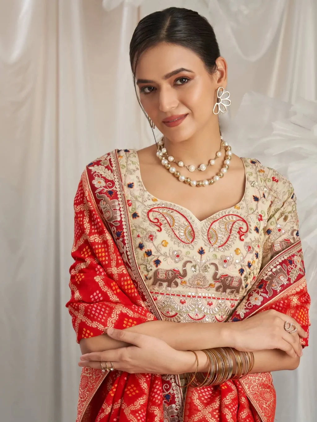Cream With Red Luxe Designer SemiStitched Lehenga Choli - Image 4