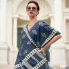 Blue Printed Mal Mal Silk Saree - Image 2