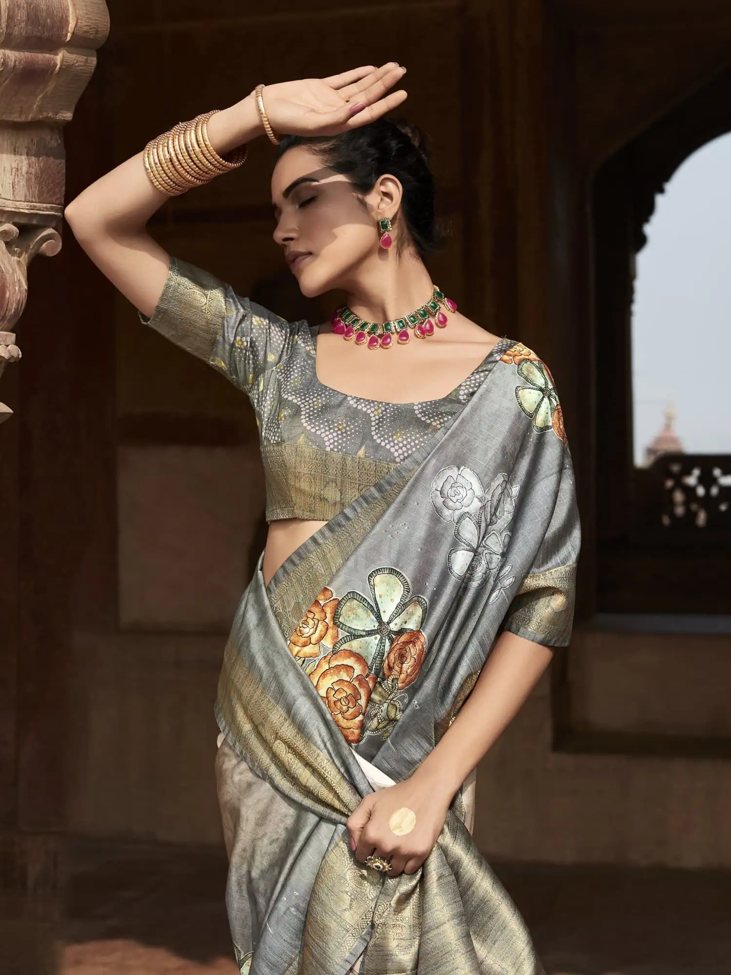 Floral Grey Handloom Silk Saree