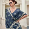 Blue Printed Mal Mal Silk Saree - Image 3