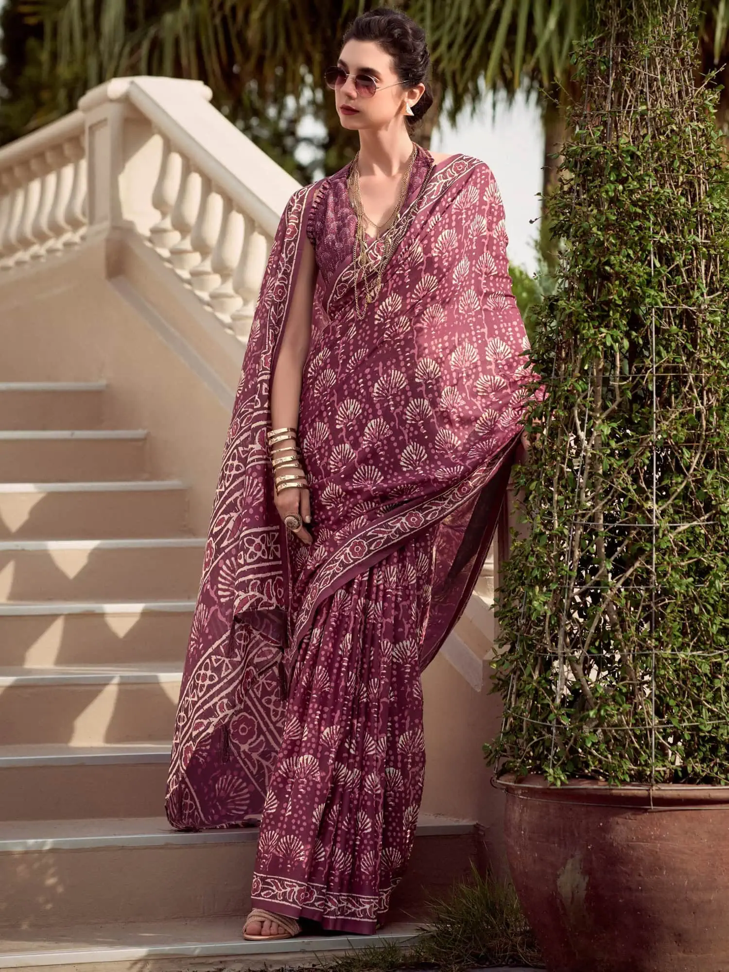Beautiful Purple Printed Mal Mal Silk Saree