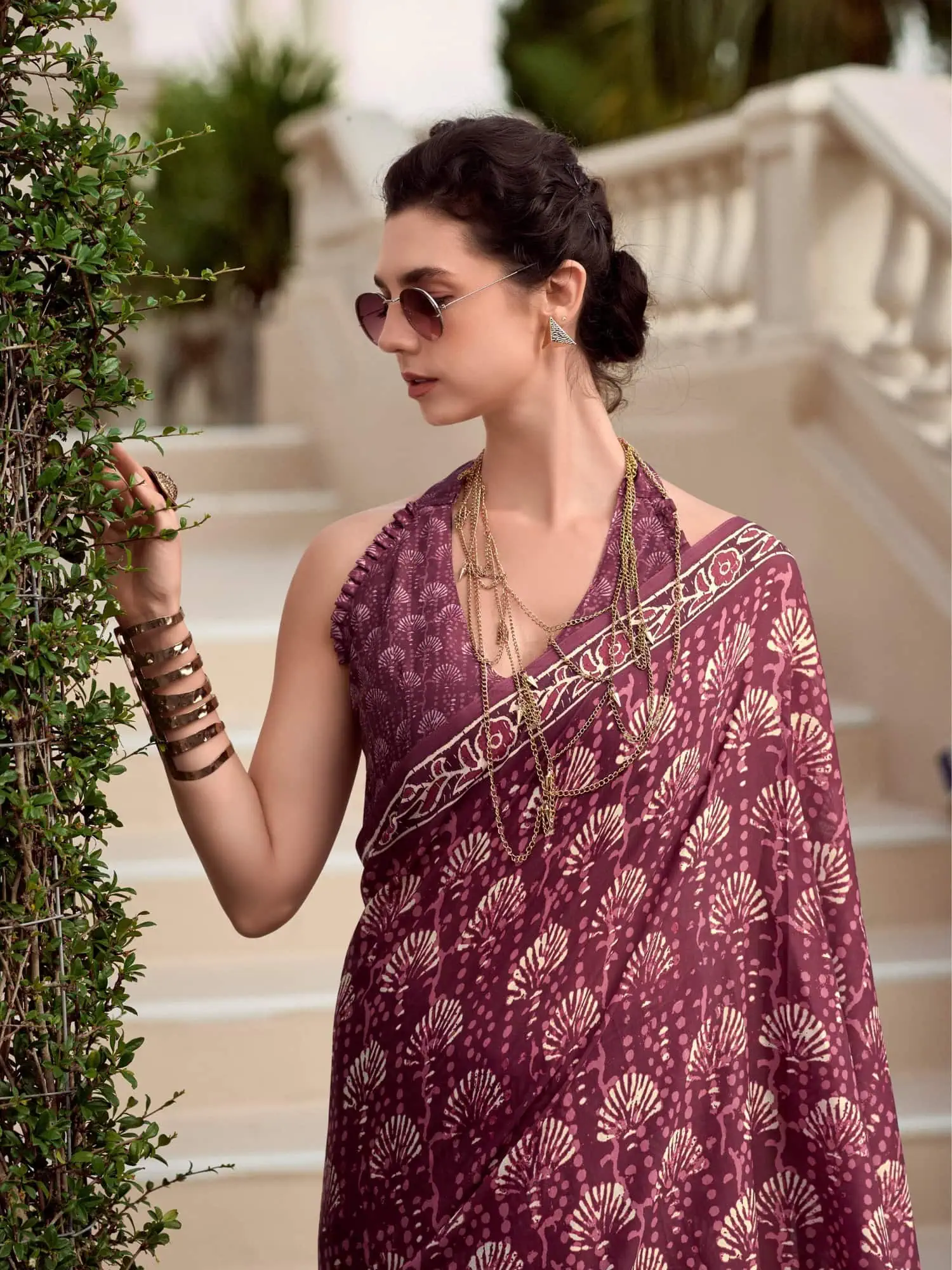 Beautiful Purple Printed Mal Mal Silk Saree