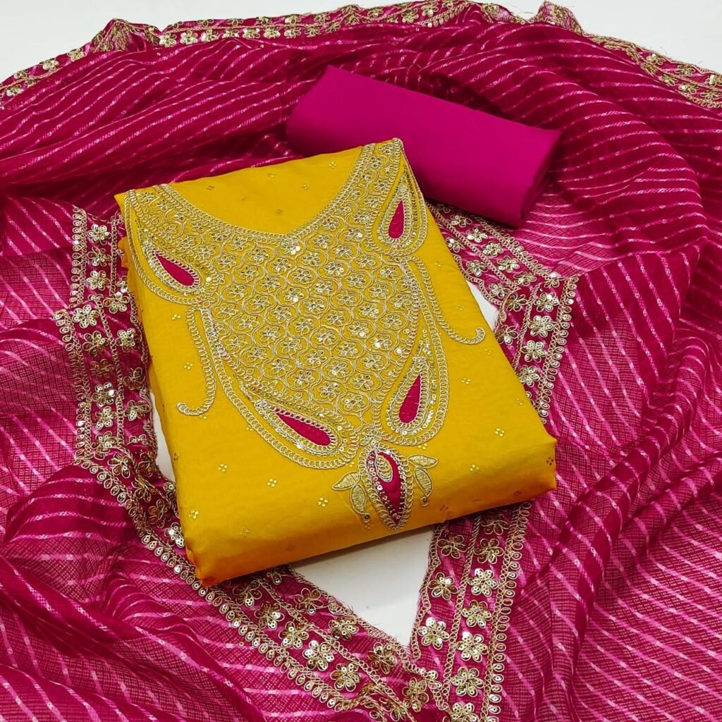 Yellow Chanderi Booti Unstitched Salwar Suit with Pink Dupatta