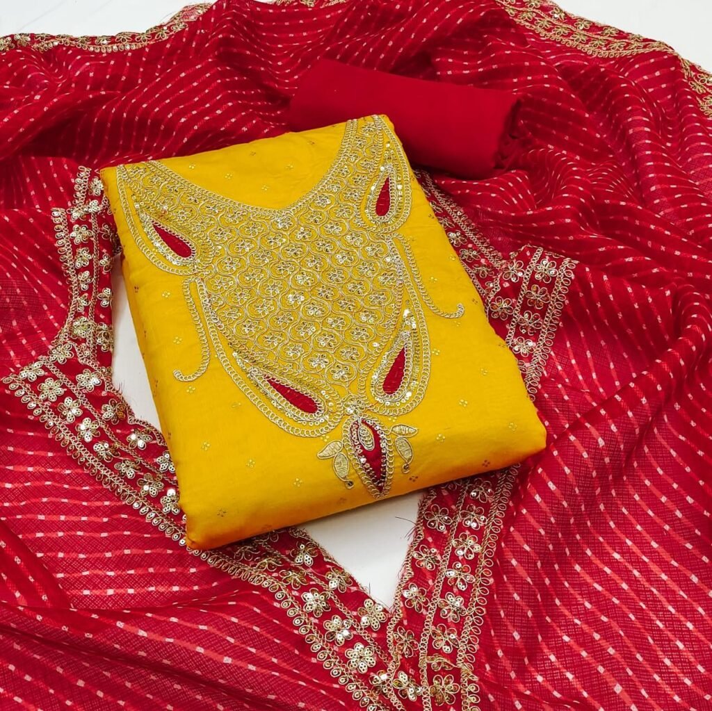 Yellow Chanderi Booti Unstitched Salwar Suit with Red Dupatta