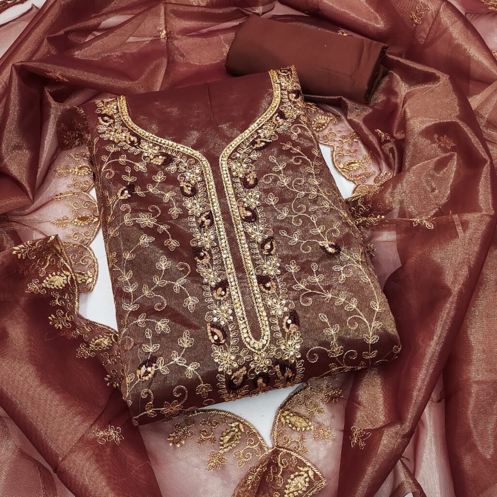 Partywear Brown Organza Silk Unstitched Salwar Suit