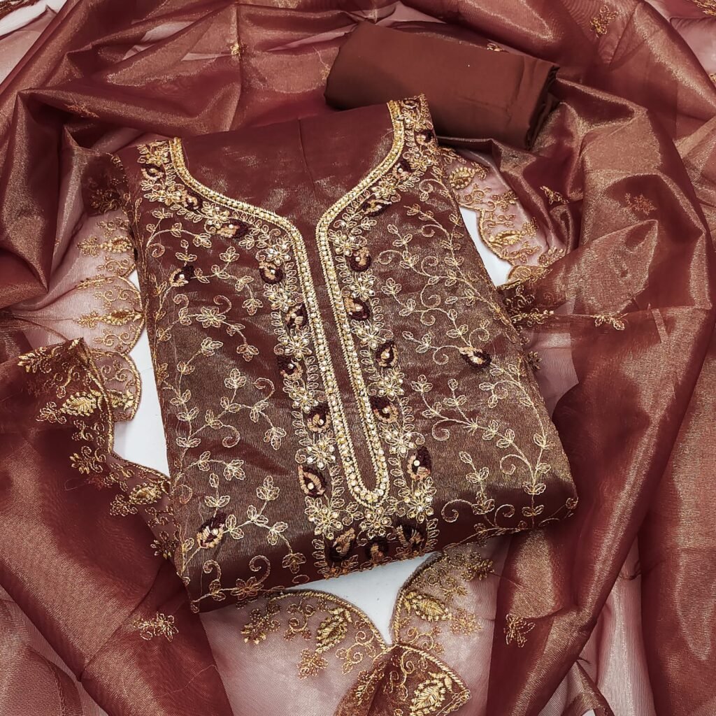 Partywear Brown Organza Silk Unstitched Salwar Suit