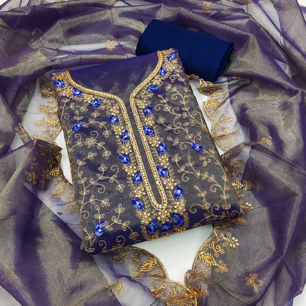 Partywear Blue Organza Silk Unstitched Salwar Suit