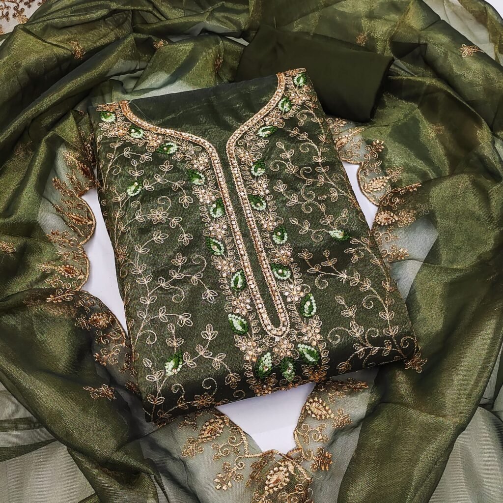 Partywear Green Organza Silk Unstitched Salwar Suit