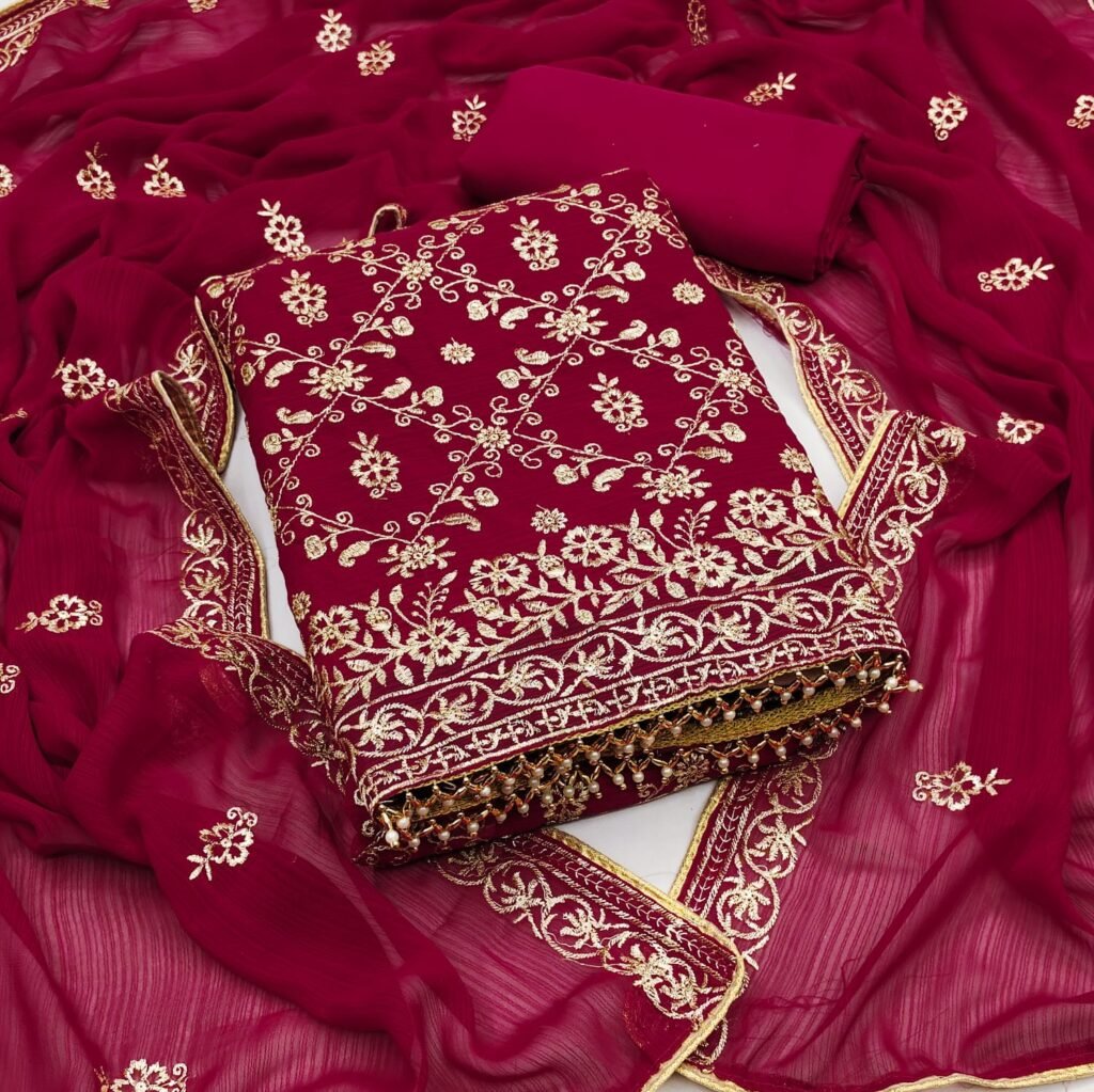 Partywear Red Georgette Unstitched Salwar Suit
