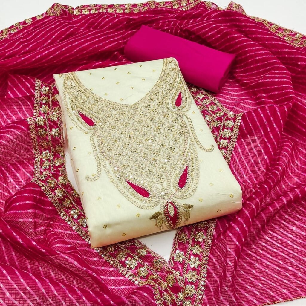 Off White Chanderi Booti Unstitched Salwar Suit with Pink Dupatta