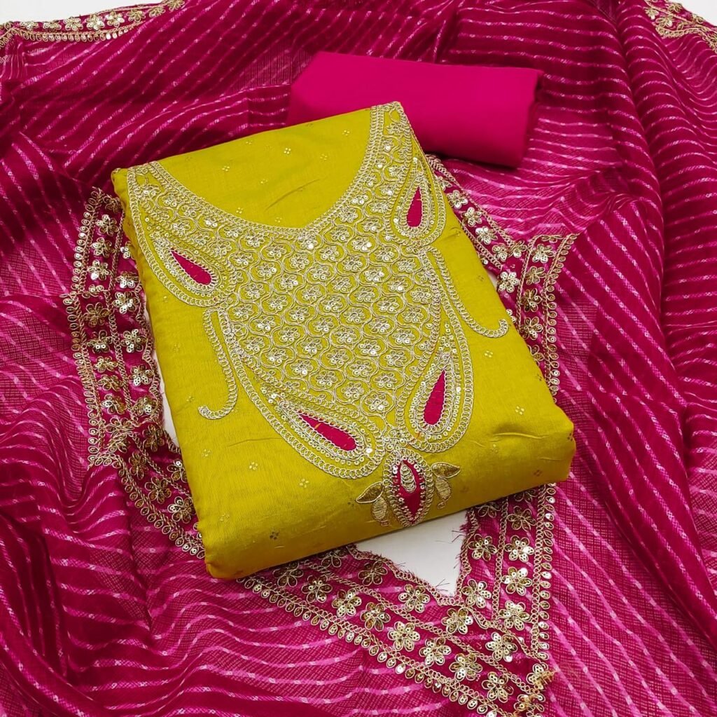 Lemon Yellow Chanderi Booti Unstitched Salwar Suit with Pink Dupatta  in premium Chanderi Suits