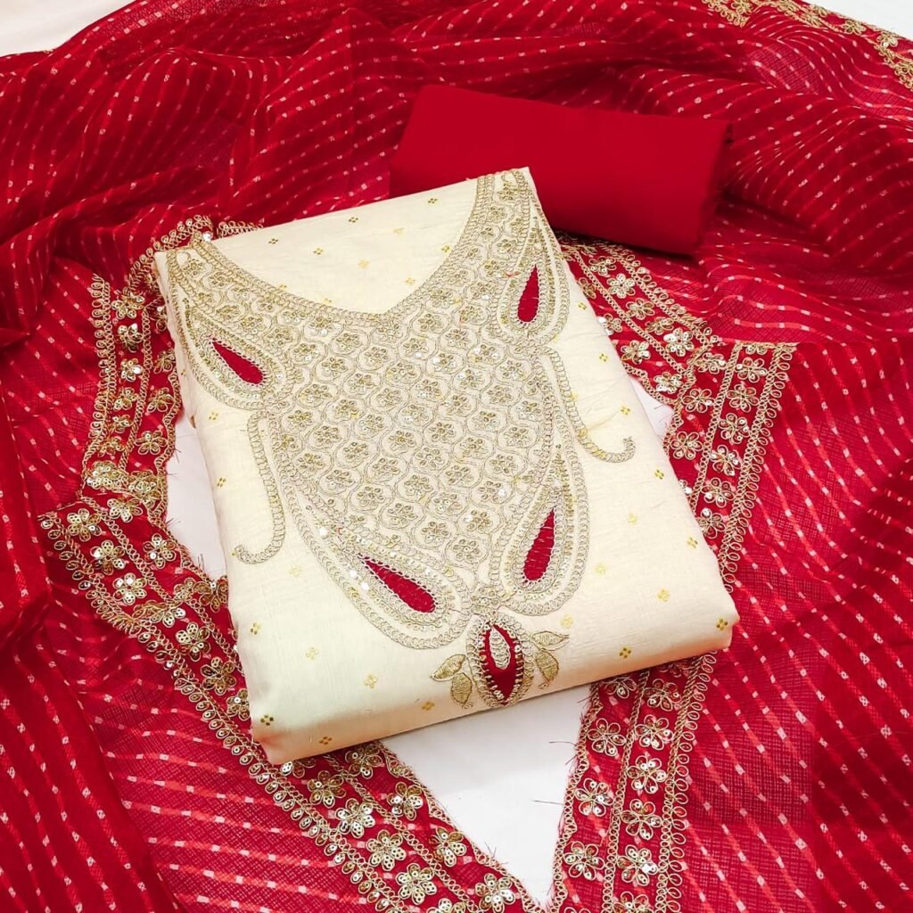 Off White Chanderi Booti Unstitched Salwar Suit with Red Dupatta
