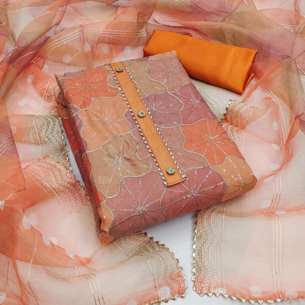 Printed Orange Organza Silk Unstitched Salwar Suit