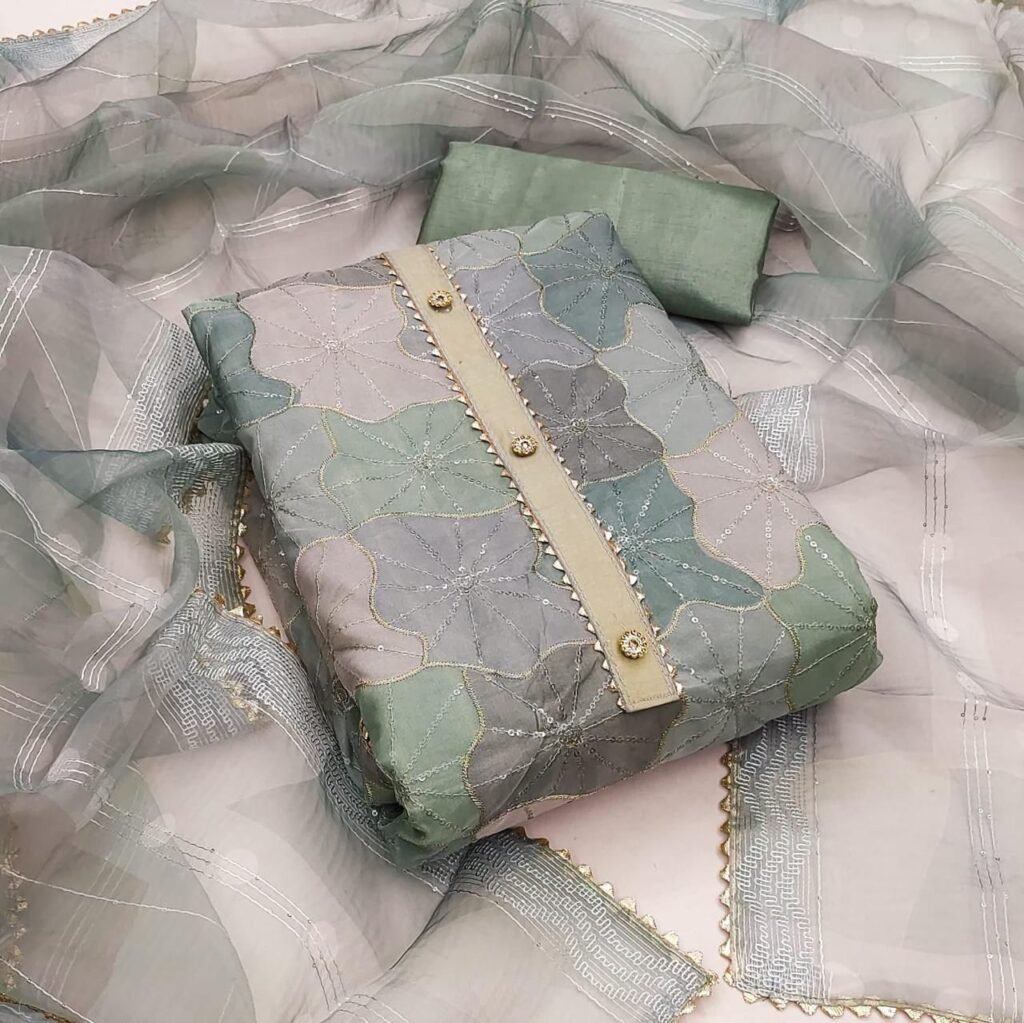 Printed Green Organza Silk Unstitched Salwar Suit in premium Chanderi Suits