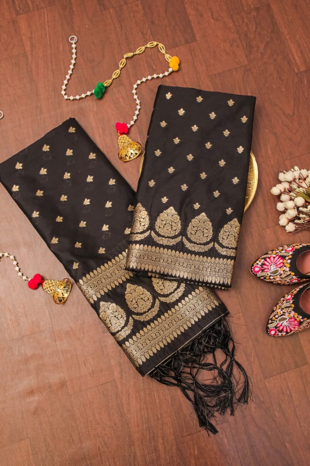 Graceful Black Banarasi Silk Unstitched Salwar Suit in premium Chanderi Suits