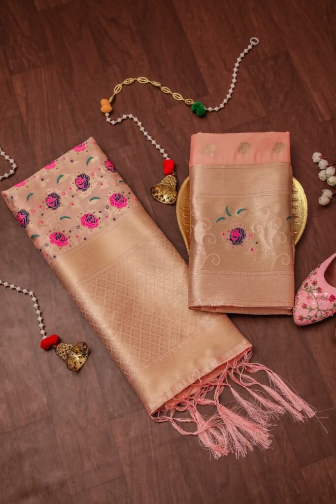 Peach Banarasi Silk Unstitched Salwar Suit with  Floral Dupatta in premium Chanderi Suits