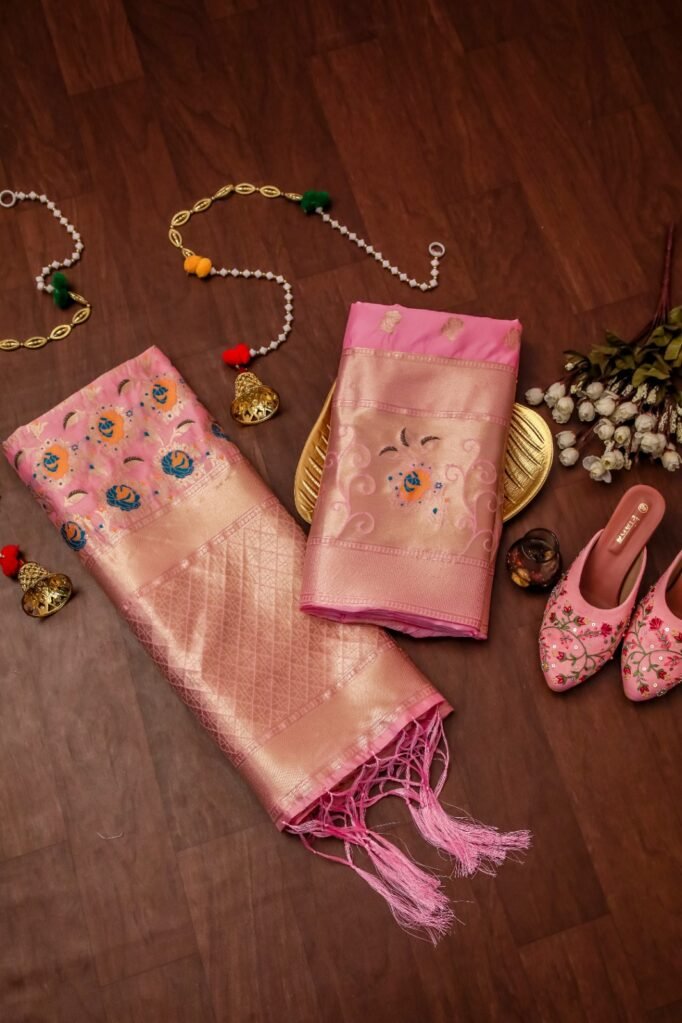 Light Pink Banarasi Silk Unstitched Salwar Suit with  Floral Dupatta in premium Chanderi Suits