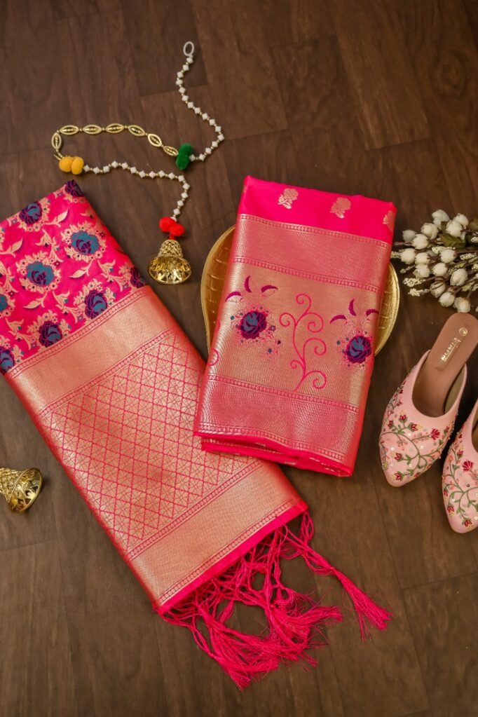Pink Banarasi Silk Unstitched Salwar Suit with  Floral Dupatta in premium Chanderi Suits