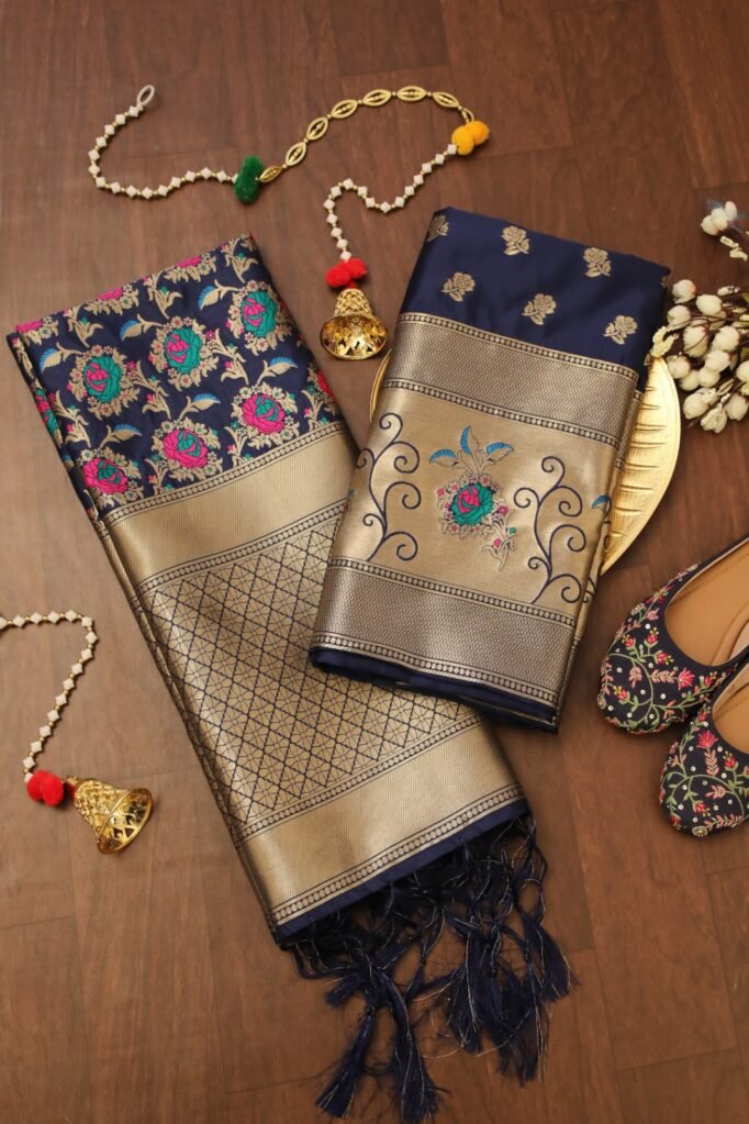 Navy Blue Banarasi Silk Unstitched Salwar Suit with  Floral Dupatta in premium Chanderi Suits
