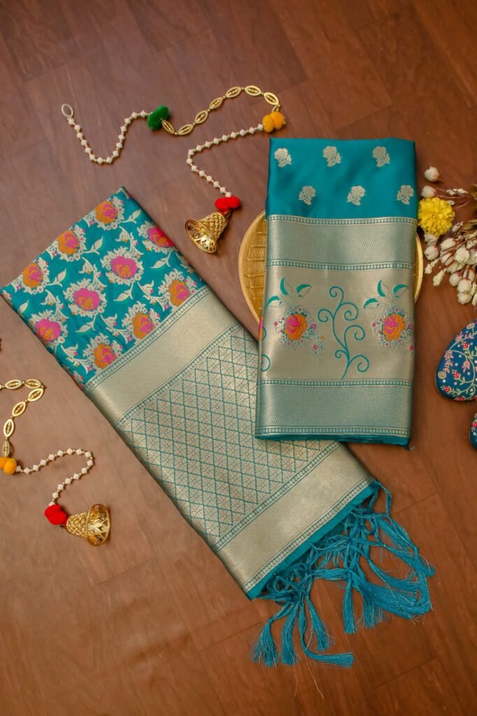 Teal Blue Banarasi Silk Unstitched Salwar Suit with  Floral Dupatta in premium Chanderi Suits