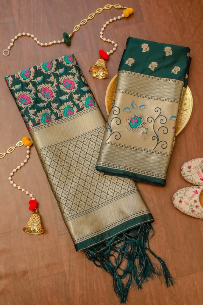 Dark Green Banarasi Silk Unstitched Salwar Suit with  Floral Dupatta in premium Chanderi Suits