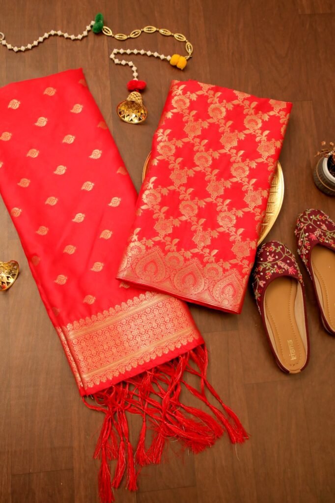 Partywear Floral Red Banarasi Silk Unstitched Salwar Suit in premium Chanderi Suits