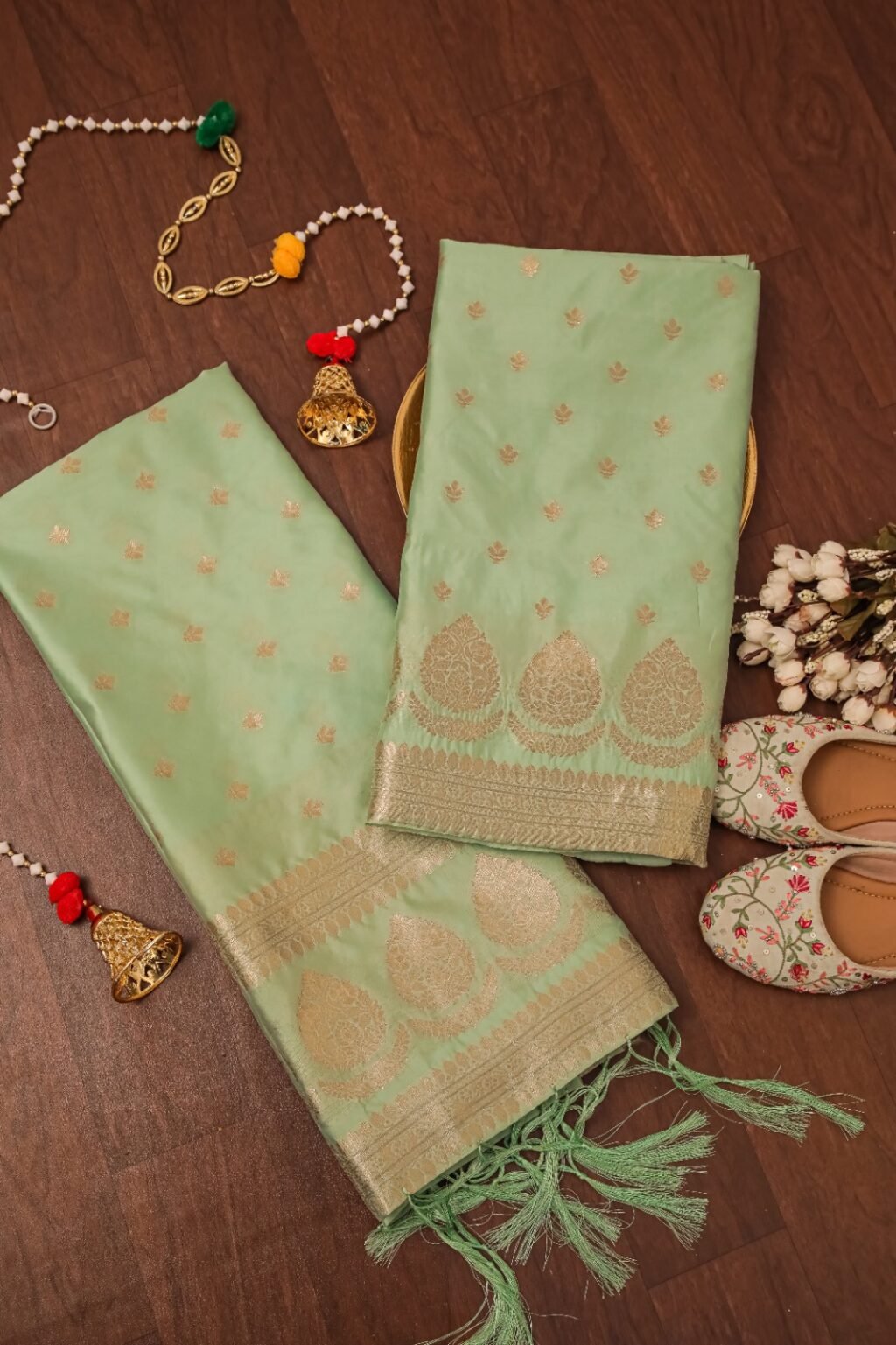 Graceful Light Green Pink Banarasi Silk Unstitched Salwar Suit