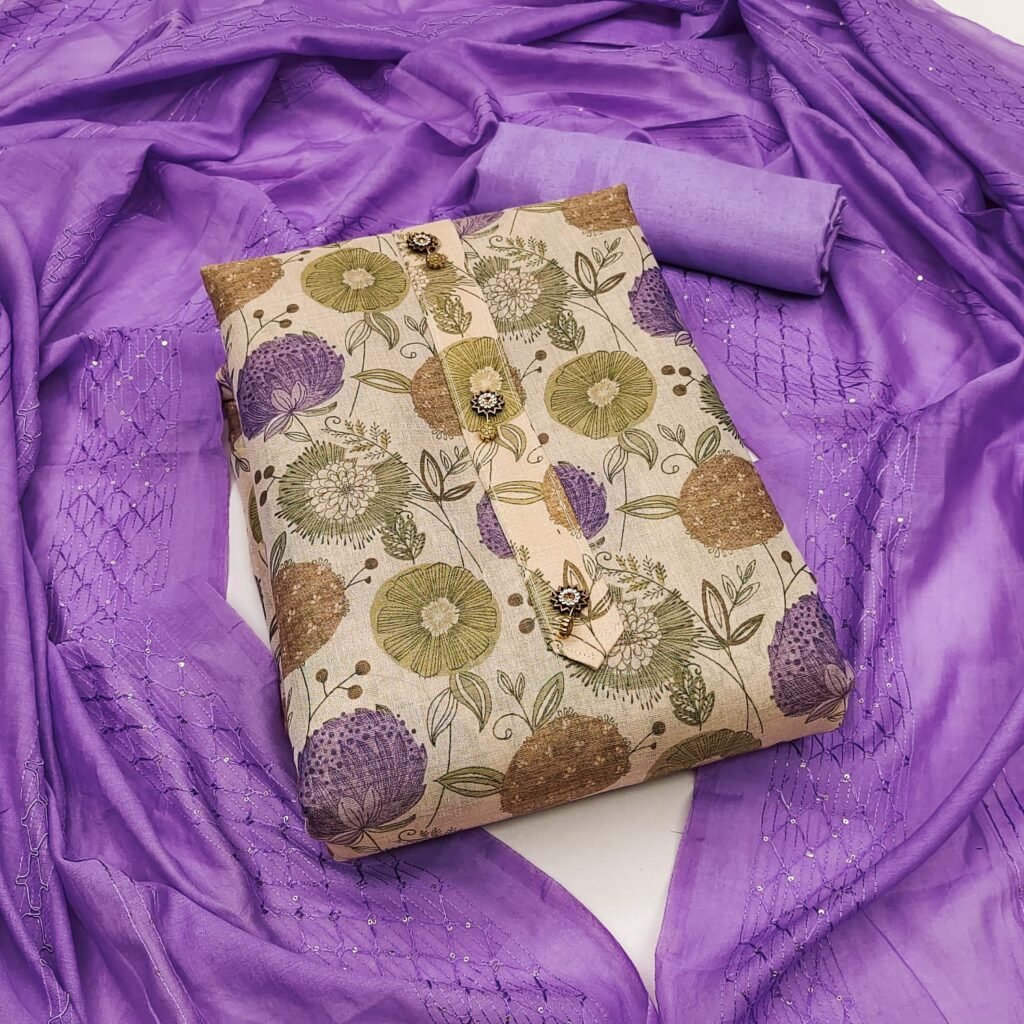 Printed Cream Silk Unstitched Salwar Suit with Lavender Dupatta