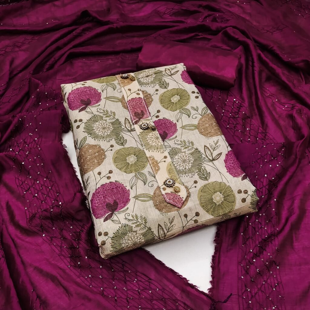 Printed Cream Silk Unstitched Salwar Suit with Purple Dupatta  in premium Chanderi Suits