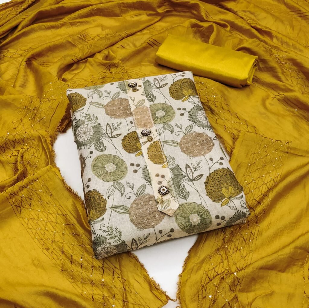 Printed Cream Silk Unstitched Salwar Suit with Yellow Dupatta  in premium Chanderi Suits