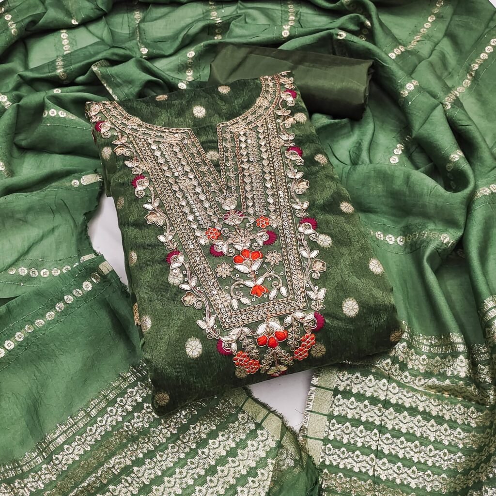 Partywear Shimmer Green Unstitched Salwar Suit  in premium Chanderi Suits