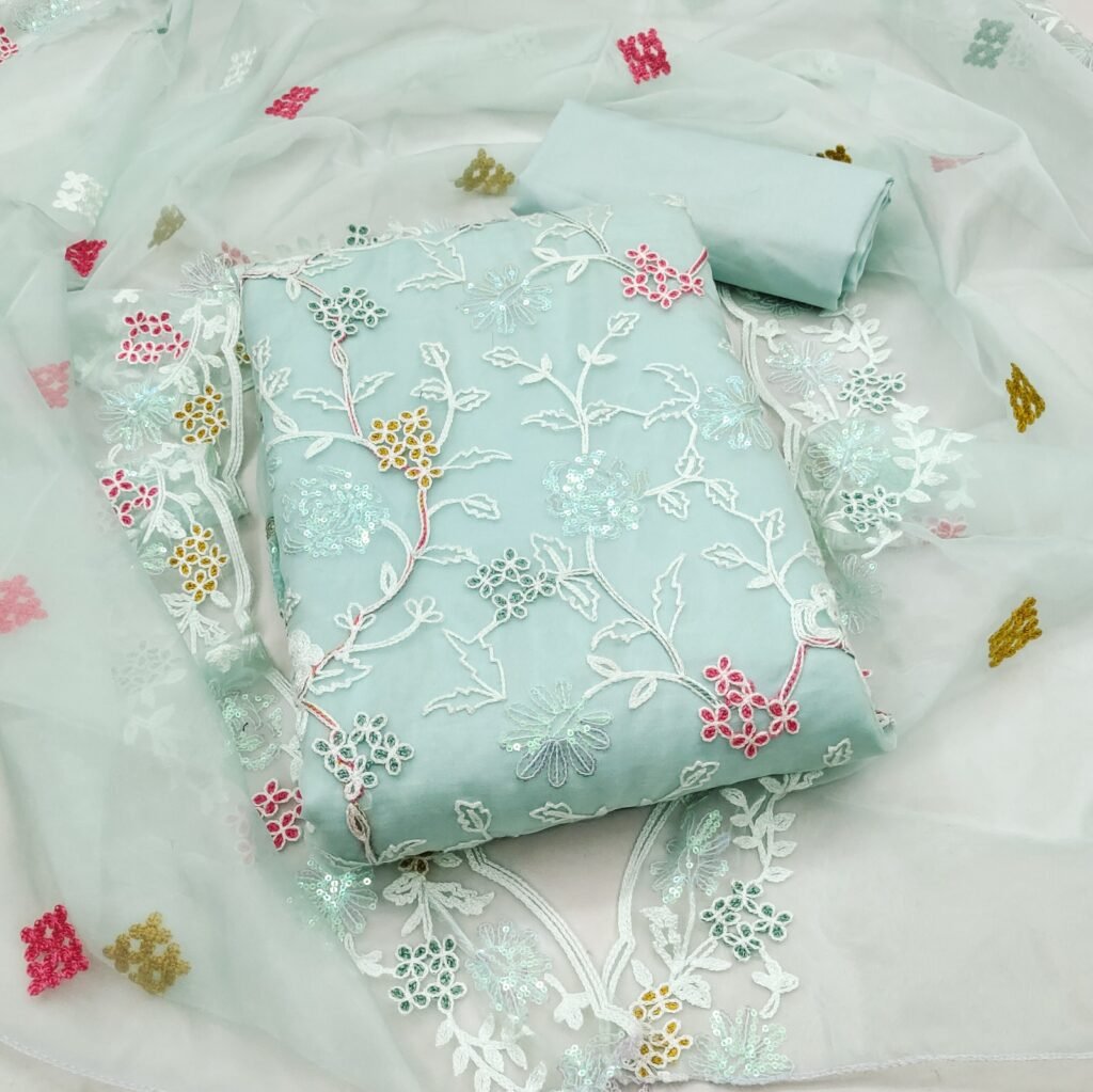 Partywear Floral Light Blue Soft Organza Silk Unstitched Salwar Suit  in premium Chanderi Suits