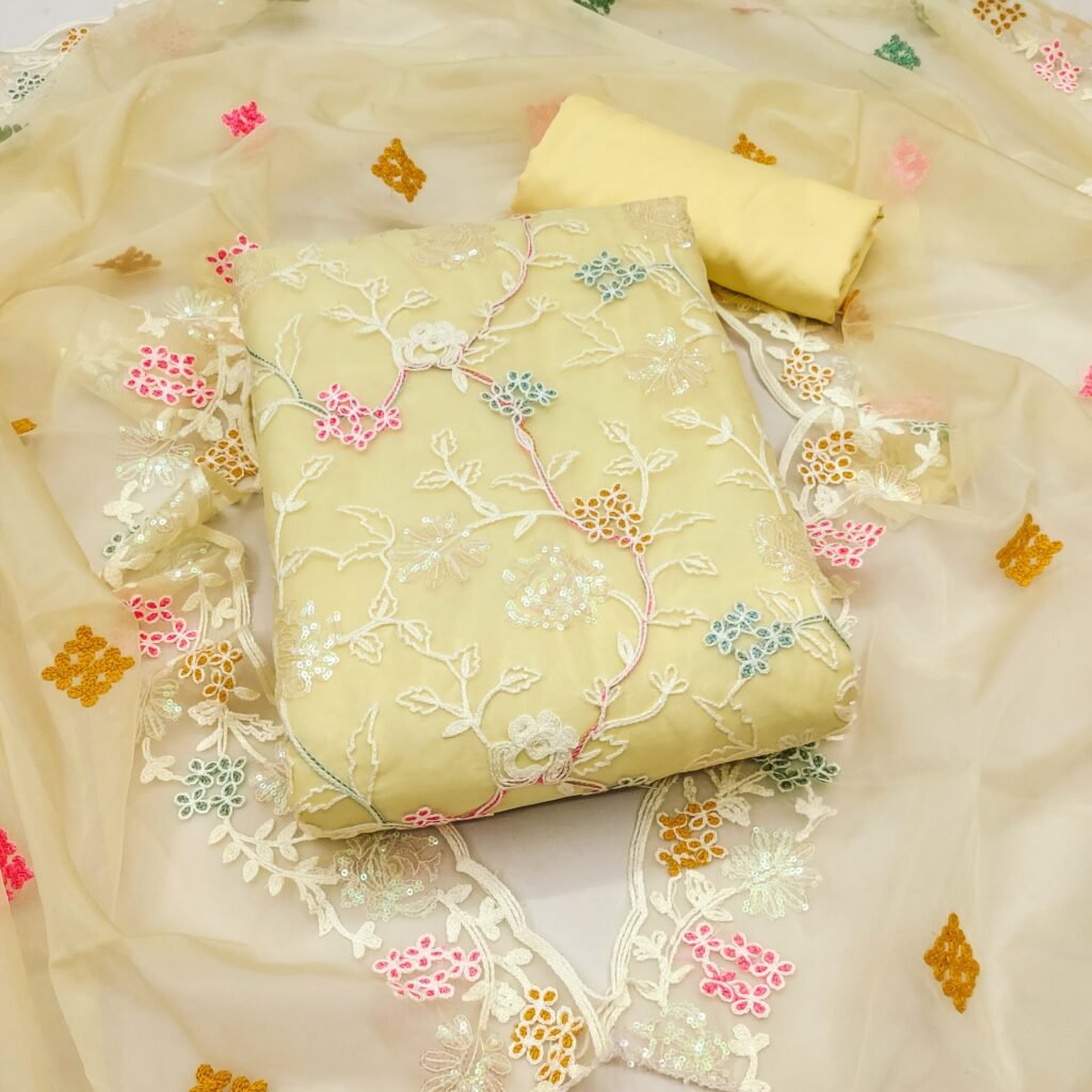 Partywear Floral Yellow Soft Organza Silk Unstitched Salwar Suit