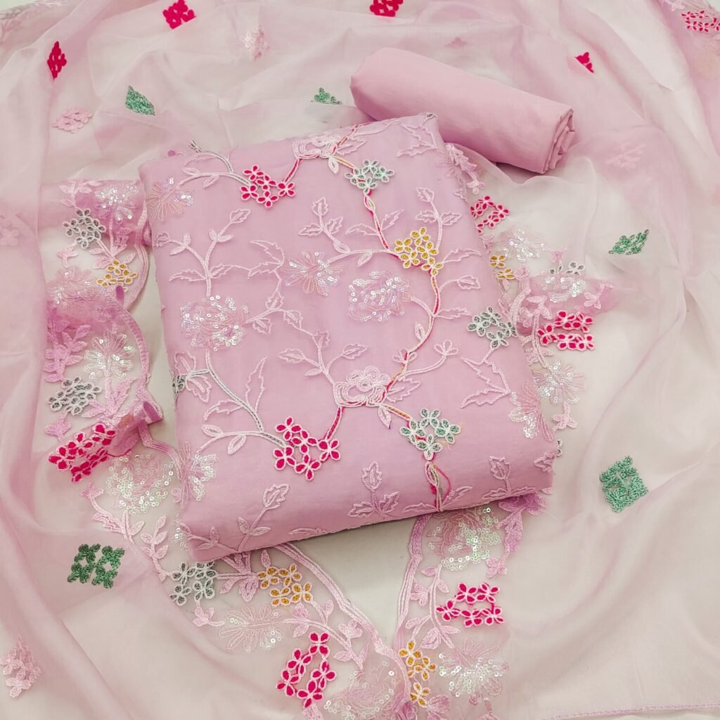 Partywear Floral Pink Soft Organza Silk Unstitched Salwar Suit