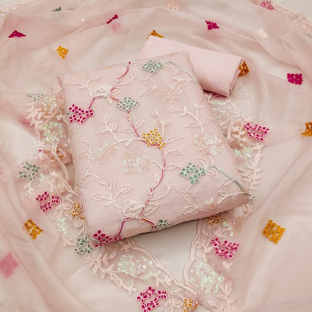Partywear Floral Peach Soft Organza Silk Unstitched Salwar Suit
