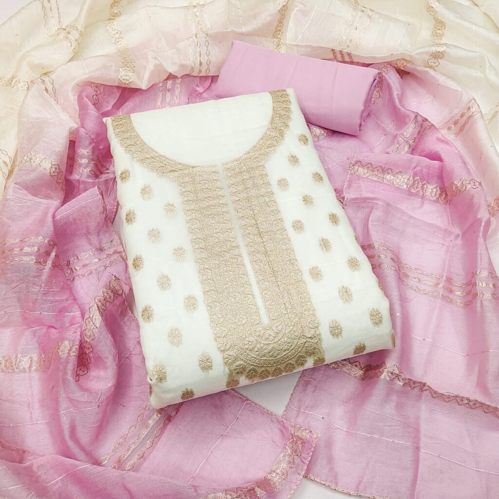 White Organza Zari Silk Ustitched Suit with Pink Dupatta