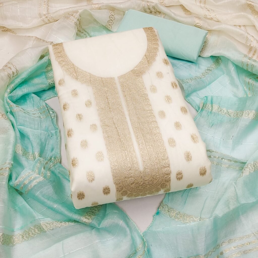 White Organza Zari Silk Ustitched Suit with Light Blue Dupatta