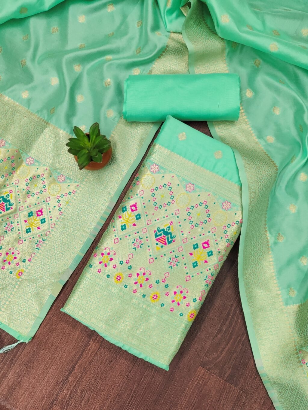 Partywear Sea Green Banarasi Silk Unstitched Salwar Suit