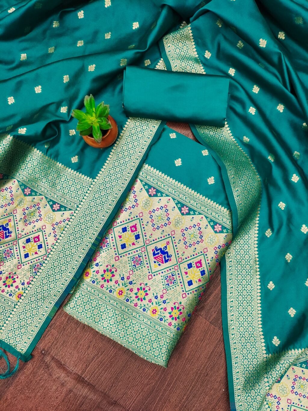 Partywear Teal Blue Banarasi Silk Unstitched Salwar Suit