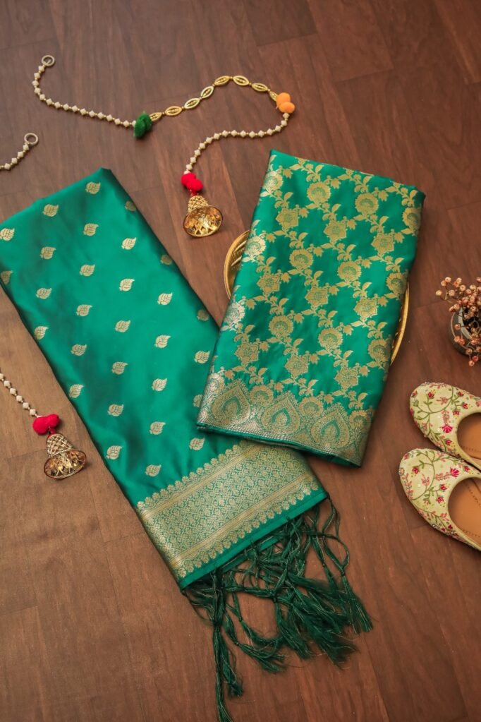 Partywear Floral Green Banarasi Silk Unstitched Salwar Suit in premium Chanderi Suits