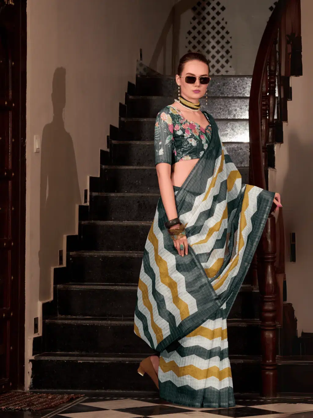 Greenish Yellow Linen Cotton  Saree - Image 3